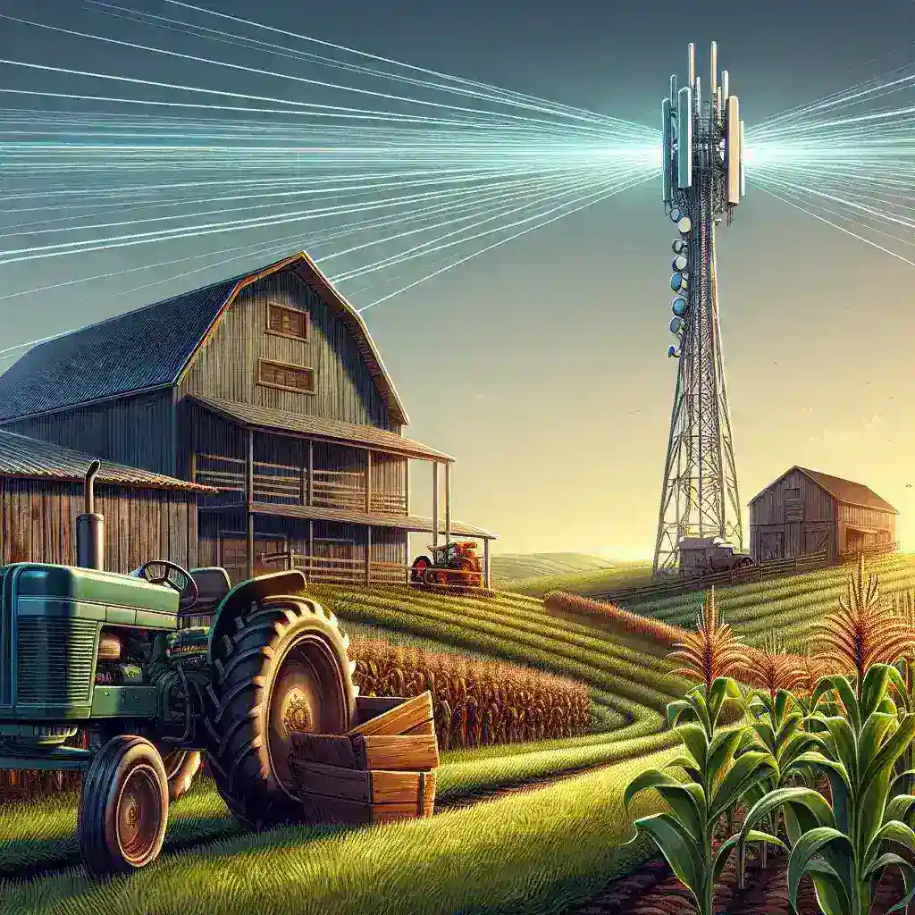 "Verizon Fiber-to-the-Farm pilot program: showcasing a farmer using high-speed internet on a tablet in a rural field, emphasizing enhanced connectivity and technology integration in agriculture."