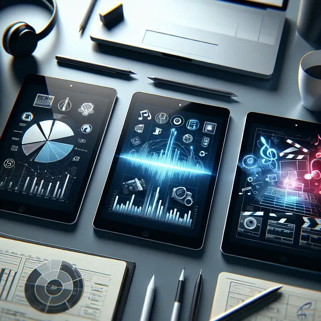 "Colorful assortment of top tablet models ideal for work and entertainment, including sleek designs and vibrant displays, showcased on a desk with office supplies and gadgets in the background."