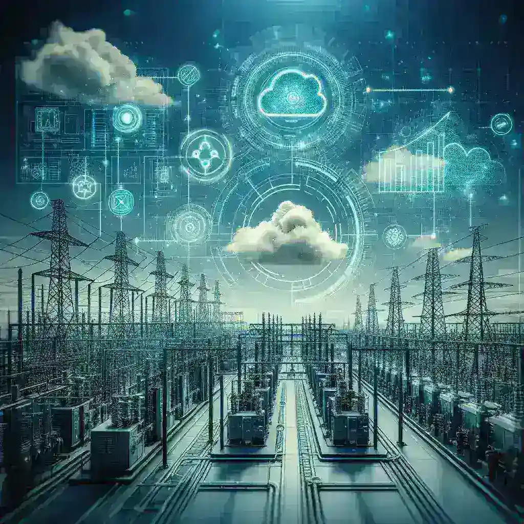 "AI cloud technology driving utility industry transformation: A visualization of energy sector professionals analyzing data analytics on digital screens, showcasing the integration of artificial intelligence in modern utilities"